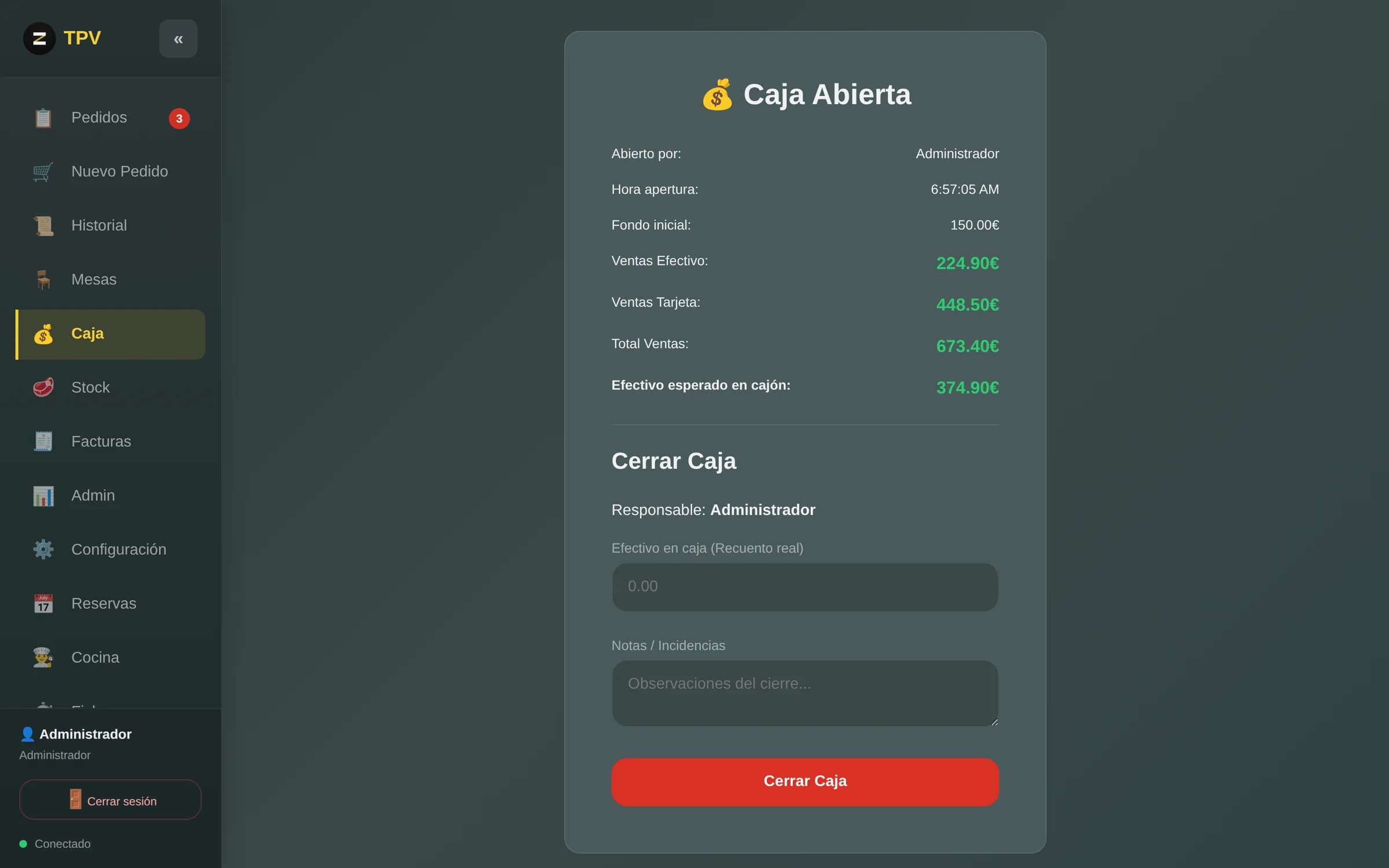Caja abierta con el fondo inicial, las ventas en efectivo y tarjeta y el efectivo esperado.