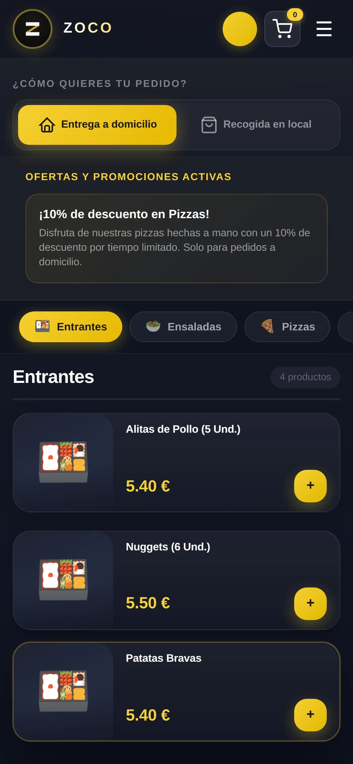 Carta digital en el móvil del cliente, con pedido a domicilio o recogida y los productos con su precio.